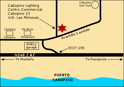 Map to Cabopino Lighting Showroom near Marbella, Costa del Sol